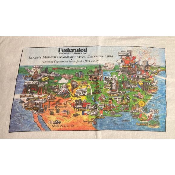 VTG Rare Macys Federated Department Store T-Shirt L  Map Of Stores *Small Rip* - Picture 1 of 14